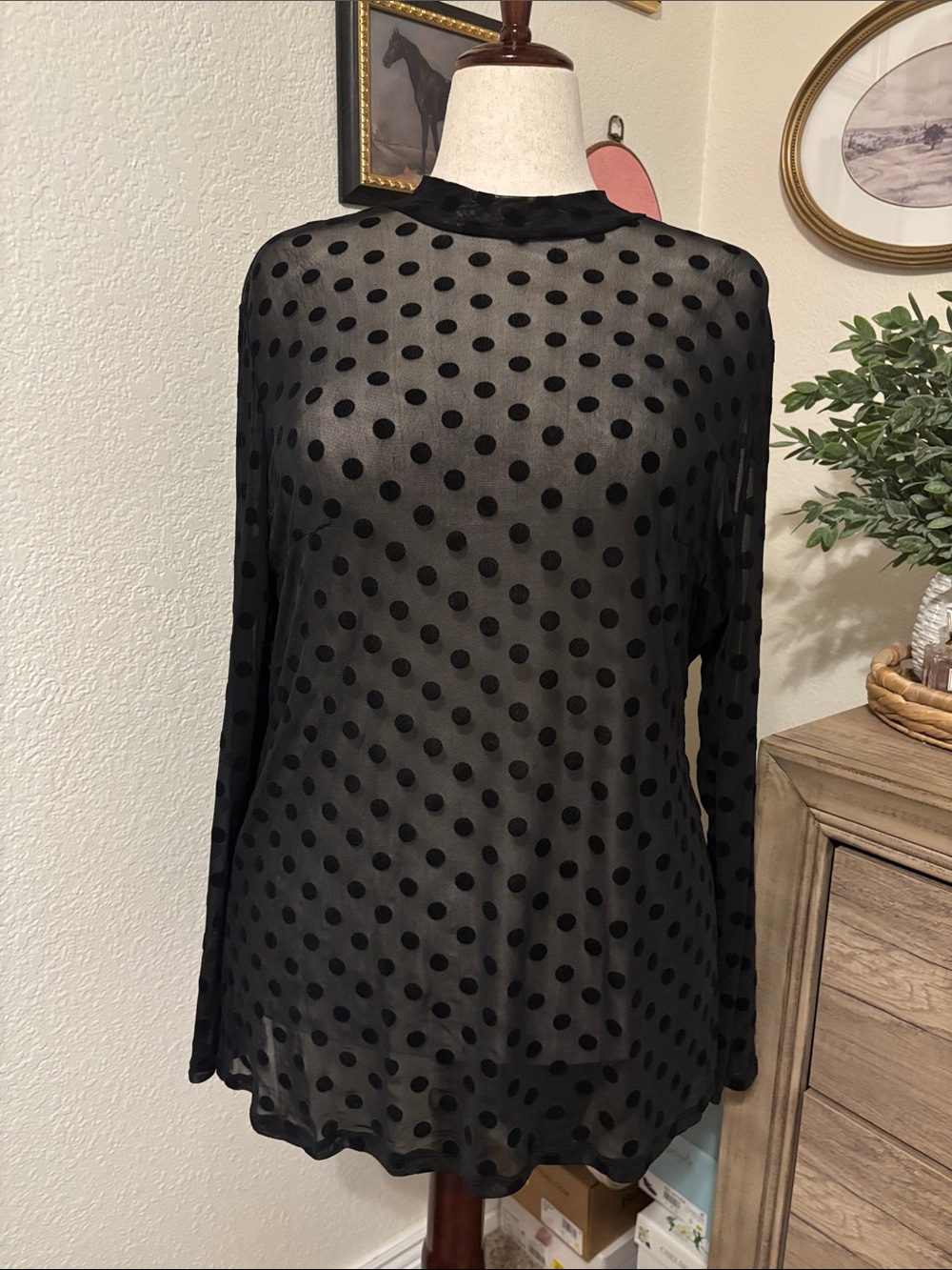 Lane Bryant Sheer Black Polka Dot Long-Sleeve Top- Retro Style-Size 18/20